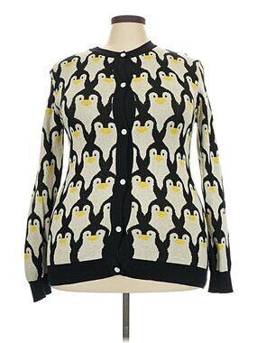 Oxknit Cream Black Penguin Intarsia Knit Cardigan 4X Plus NWOT Novelty